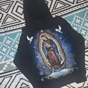 Black Hoodie with Religious Graphic Virgen de Guadalupe